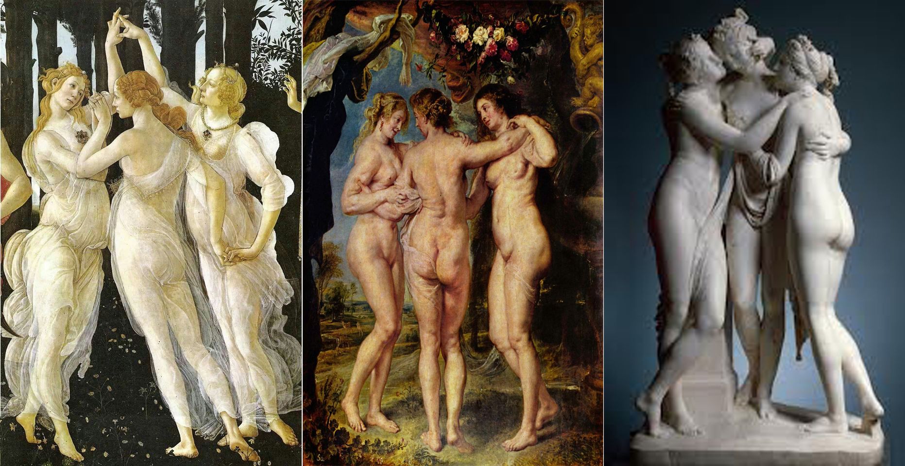 Las Tres Gracias de Botticelli (Izquierda) Rubens (Centro) y Cánovas (Derecha)