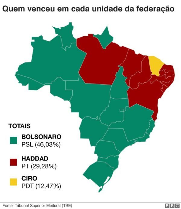 Mapa de Brasil tras la primera vuelta electoral